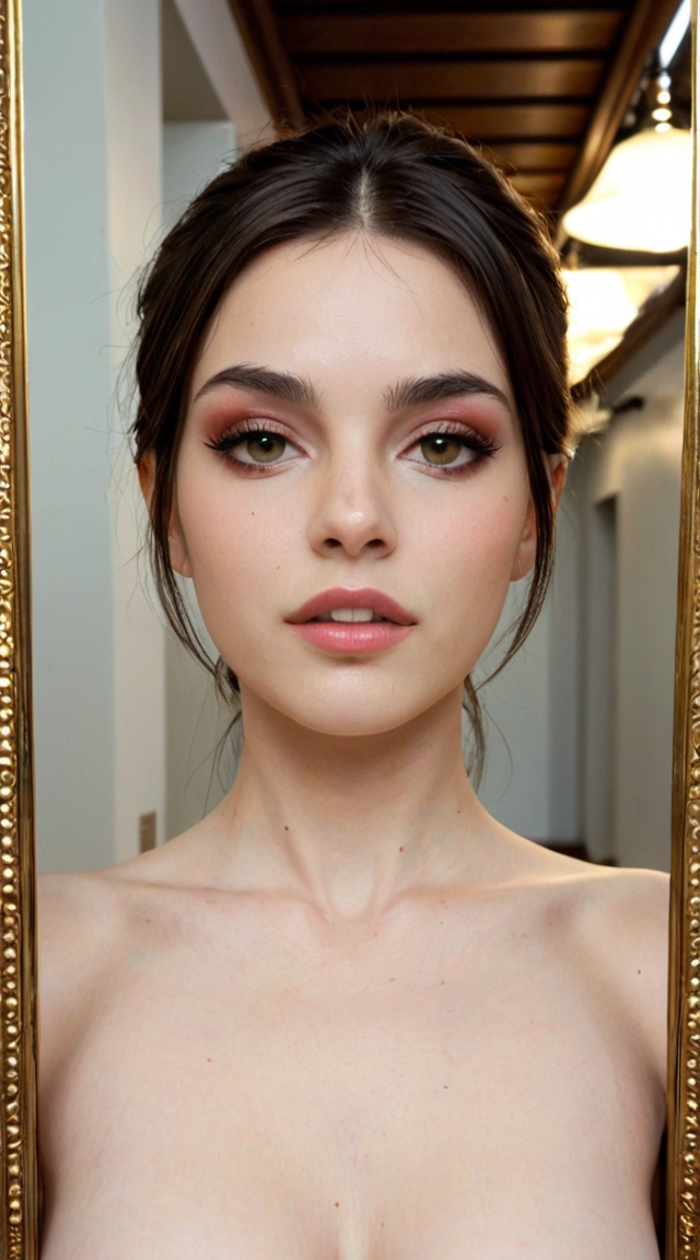young Iranian woman in her mid-20s with a fair, smooth complexion and soft facial features. She has a short brown bob haircut with straight bangs that fall just above her eyes, slightly messy and voluminous on top. Large expressive eyes with heavy dramatic makeup: thick black winged eyeliner, dark smoky eyeshadow, long dense lashes, and subtle reddish undertones on the eyelids. Straight, well-defined dark eyebrows. Small straight nose with a delicate shape. Full lips painted in a deep dark red to almost black lipstick, slightly glossy. A small dark mole or beauty mark just below the left side of her lower lip. Soft jawline, high cheekbones with light contouring, and a somewhat pale porcelain skin tone. Her expression is intense, seductive and slightly arrogant, looking directly at the camera with half-lidded eyes. Highly detailed skin texture, realistic pores, sharp focus on the face.