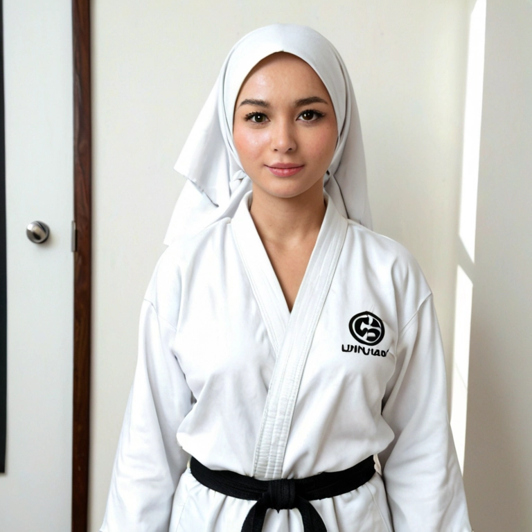 A indonesian hijab woman kyokushin karate gi and blackbelt with her name sensei nita on her belt in the white background