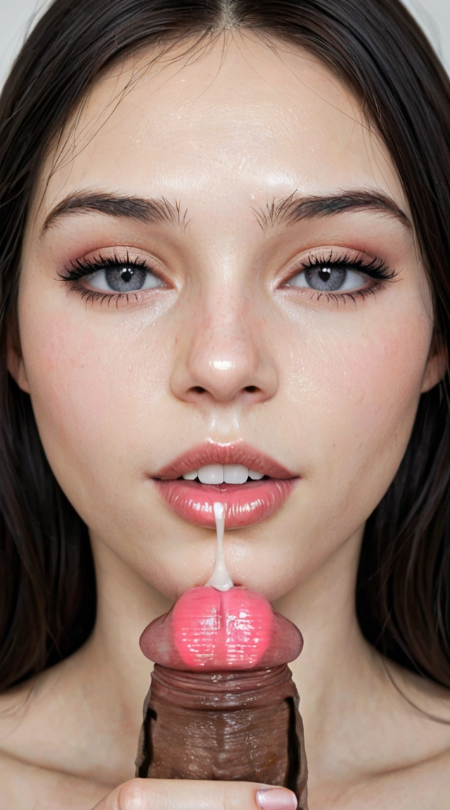 A goth slender woman with pale skin and European features , red lipstick, grey eyes, black eyeshadows laying on the bed with a white thick cock abover her head shooting cumshots over her face With her tongue sticking out. Seductive look with sleepy eyes and long black strait hair Cascading down her shoulders 