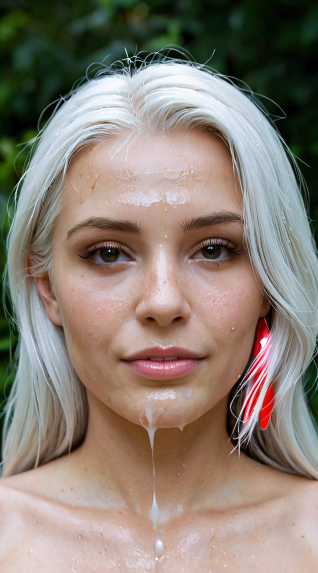 A naked skinny woman getting cum on her face from an old man