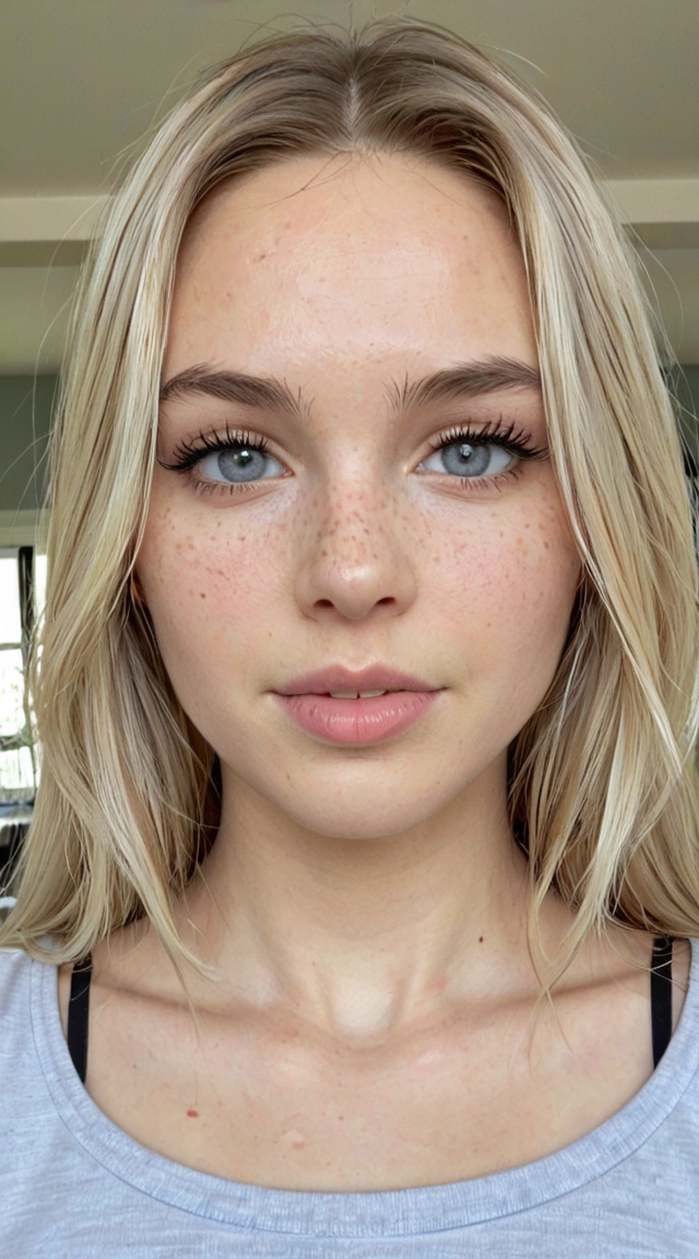 Young adult woman with a soft oval face, delicate feminine facial features, fair warm-toned skin covered with natural freckles across the cheeks, nose, shoulders and upper chest, large almond-shaped blue-gray eyes, long dark eyelashes, naturally shaped light brown-blonde eyebrows, a slim straight nose, full well-defined lips with a fuller lower lip, and a small softly rounded chin. Long natural dark-blonde hair with lighter blonde highlights, side-parted, smooth with subtle loose waves and softly curled ends, framing the face and falling well past the shoulders. Slender build, narrow-to-medium shoulders. Wearing a fitted white thin-strap top. Head tilted noticeably to one side, looking slightly away from the camera with a calm, neutral, dreamy expression. Close-up vertical portrait, soft diffused natural window light, warm muted tones, plain light gray-white wall background, realistic skin texture, visible freckles, natural hair strands, photorealistic photography, shallow depth of field, intimate candid selfie aesthetic.