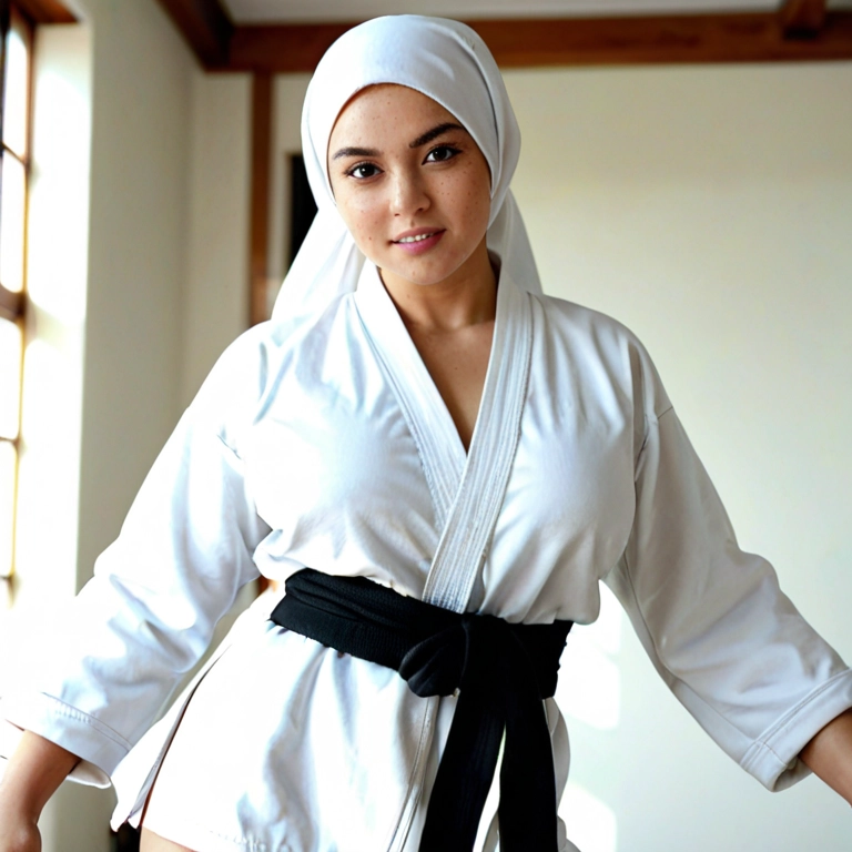 A indonesian hijab womab kyokushin karate gi and blackbelt with her name sensei nita on her belt in the whitw background