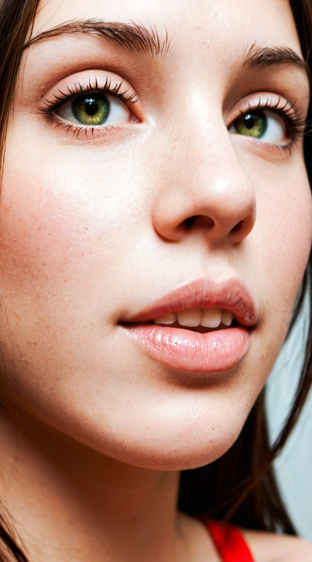 A women brown hair Green eyes showing her foot