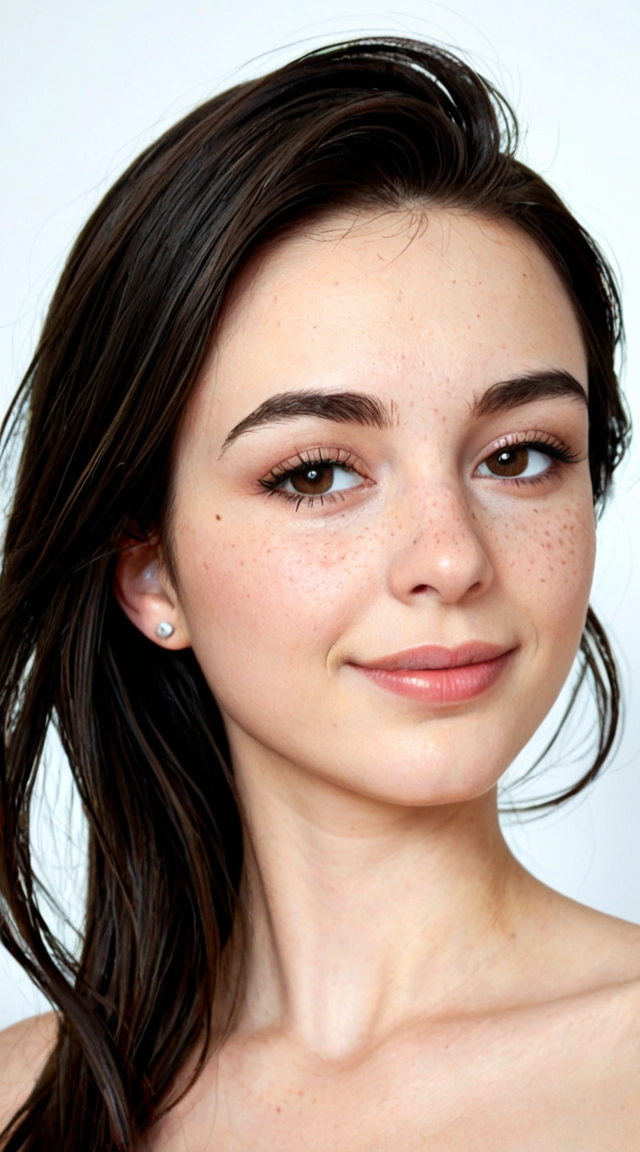 Ultra-realistic close-up portrait of a young South Asian woman, exact facial features: soft oval face shape with warm medium-brown skin tone, smooth complexion with natural soft glow and subtle freckles across the nose and cheeks. Large expressive brown eyes looking slightly upward and to the side, long thick dark eyelashes, well-defined arched dark eyebrows. Small delicate nose with a silver septum piercing and a small silver nose stud on the left nostril. Soft full lips with a natural pinkish-nude color, gentle closed-mouth smile showing a hint of teeth, soft natural lip gloss. High cheekbones with light natural blush. Long wavy dark brown-black hair. Facial on this woman.