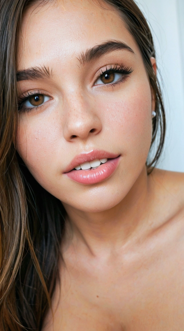 Sexy light skin woman ,sticking her tongue out, crossing her eyes, grabbing her tits, pink nipples