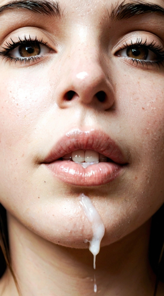 A beautiful woman mouth open with leaking cum