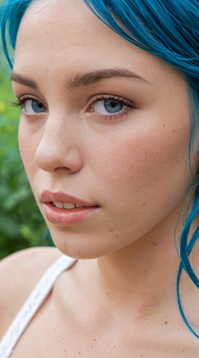 14b blue hair standing outdoors full- mid-day, br