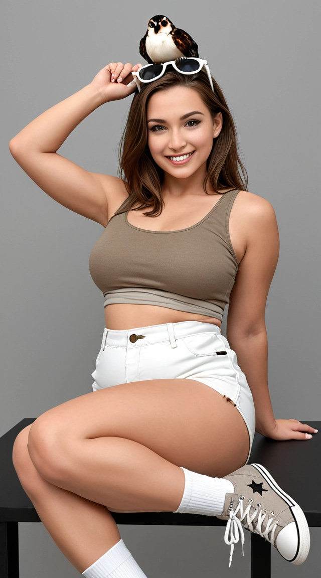 She has short-to-medium brown hair, swept back from her face, with sunglasses resting on top of her head. She has fair skin, light-colored eyes, and a bright smile.
She’s wearing a dark brown fitted tank top, white high-waisted shorts, white crew socks, and gray Converse-style high-top sneakers. She’s posing playfully with one leg bent behind her and her shoulders slightly turned toward the camera.