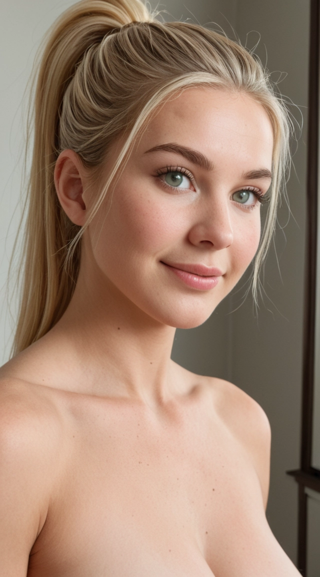 Adult woman, approximately 30–35 years old, naturally attractive and photogenic, fair-skinned Caucasian woman with a slightly warm undertone. She has an oval face with softly rounded features, harmonious facial proportions, a medium forehead, naturally shaped and well-defined eyebrows, large expressive light green-gray eyes, natural eyelashes, a straight and delicate medium-sized nose, soft cheekbones, subtly full cheeks, a feminine jawline, a rounded chin, and medium, well-balanced lips with a naturally defined contour, with the lower lip slightly fuller. Her expression is warm, confident, and approachable, with a gentle natural smile.

Her hair is naturally blonde, in a dark-to-medium blonde tone with lighter highlights, falling below the shoulders. The hair has a soft, slightly wavy texture with natural volume, and a few loose strands frame the face. During fitness scenes, she often wears it in a high ponytail while keeping some front strands loose.

She has a realistic, healthy female body with balanced proportions and an active appearance. Medium height, naturally curvy silhouette, proportional shoulders, arms with subtle muscle definition, a moderately defined waist, a naturally toned abdomen without an overly muscular look, proportional hips, strong and shapely legs, and naturally full glutes. Her body appears realistic and feminine rather than bodybuilder-like, with natural skin texture and subtle imperfections.

Overall appearance: healthy, elegant, and relatable. Minimal or no visible makeup, natural skin with realistic texture, subtle expression lines around the eyes, and no overly retouched or artificial look.

Consistent character traits: light green-gray eyes, long blonde hair with highlights, oval face, natural eyebrows, soft smile, fair skin, and a healthy, balanced physique.

Visual style: ultra-photorealistic photography, captured as if using a professional camera or premium smartphone. Natural lighting, highly detailed skin texture, visible individual hair strands, subtle pores, realistic anatomy, natural human proportions, cinematic depth of field, and no CGI, plastic skin effect, or excessive retouching.