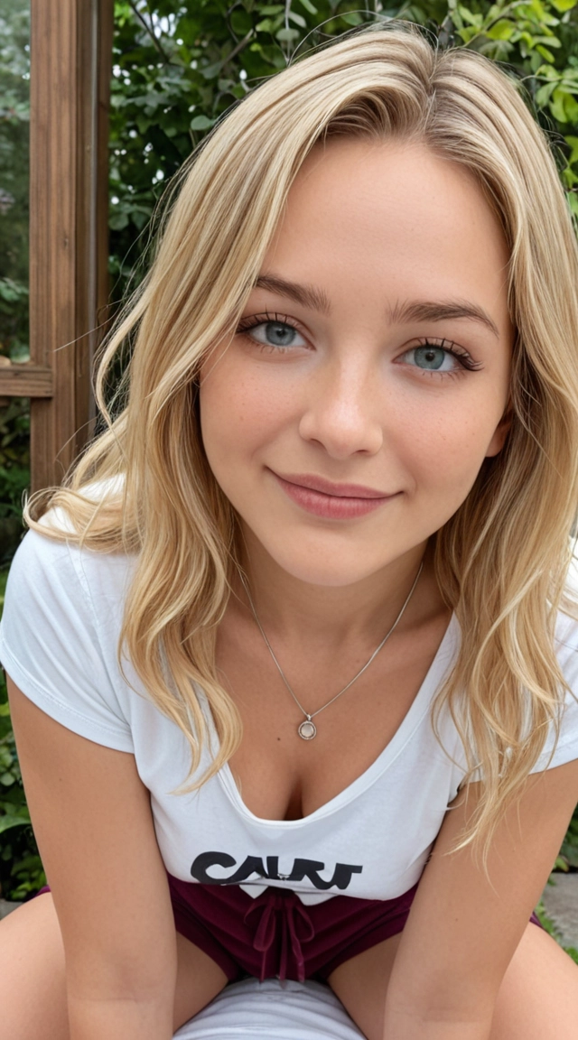 The image captures a 18yo woman with long, natural blonde hair cascading past her shoulders in loose waves with a middle part, looking directly into the camera with a subtle, closed-lip smile and eyes slightly squinted from the bright daylight. Her fair complexion shows a hint of sun-kissed redness on her cheeks, with strong direct sunlight coming from the upper right, casting a distinct shadow across the left side of her face and her white crew-neck t-shirt. The shirt features a dark graphic design on the left side of the chest that resembles a spiderweb or sharp geometric lines, and she is wearing a delicate silver necklace with a central pendant from which a short extension chain dangles down. Below her waist, the top border of maroon or burgundy shorts or pants is visible, while the blurred background consists of green foliage against a warm, ochre-colored wall, with a small portion of another person's shoulder and dark wavy hair visible on the right edge of the frame.
