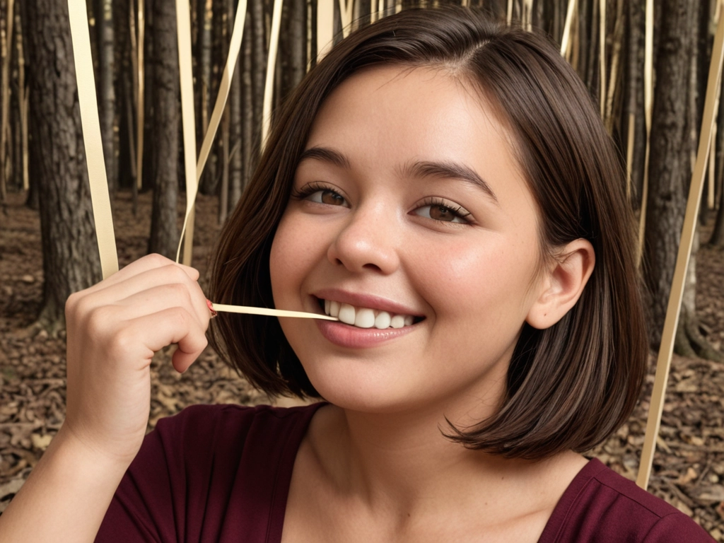 Create a polished 2D cartoon illustration of a mischievous, heavyset adult woman with a large rounded face, warm peach-colored skin, broad shoulders, and a full, softly rounded figure. She has straight medium-brown hair cut to shoulder length, a rounded hair shape, blunt ends, and long uneven bangs hanging across her forehead and partially covering her eyes.

Give her an oversized rounded nose, asymmetrical half-lidded eyes, tiny sideways-looking pupils, rounded cheeks, small ears, and a wide crooked grin showing several large simplified white teeth. Her expression should look clever, smug, playful, and slightly suspicious—as though she has just invented a troublesome plan.

Dress her in a plain bright-red short-sleeved shirt with a wide curved neckline. Add subtle dark-red shadows and simple fabric folds around the neckline, sleeves, chest, and waist.

Pose her facing the viewer in a three-quarter frontal composition. One hand is curled beneath her chin in an exaggerated thinking pose, while her other arm extends outward beyond the right edge of the frame. Keep the body language relaxed, self-assured, and conspiratorial.

Use thick, slightly irregular black outlines, flat saturated colors, simplified anatomy, exaggerated facial proportions, sparse cel shading, and expressive hand-drawn linework. Preserve a playful independent-animation aesthetic with a slightly rough digital-doodle finish.

Place her against an abstract interior background made of broad horizontal bands of dark burgundy, forest green, black, brown, muted gold, and earthy tan. Add loose curling tan streamers or ribbon-like shapes floating through the foreground and background. Warm subdued lighting, strong silhouette, centered upper-body portrait, vertical composition, clean readable character design, high visual consistency.