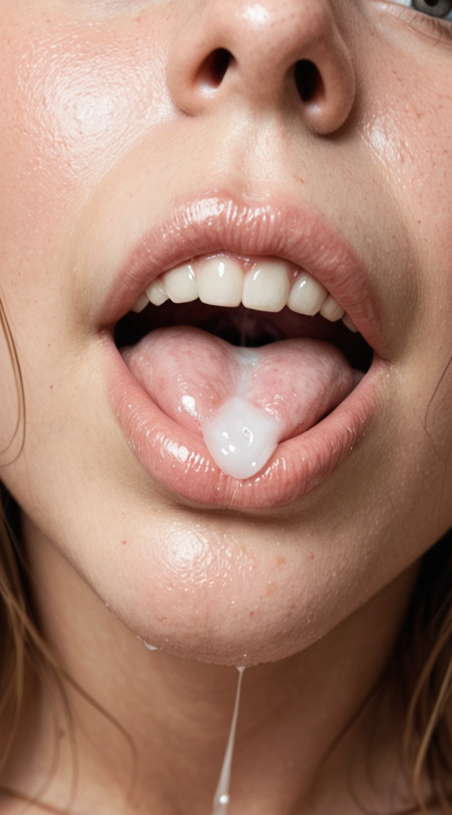 A blonde haired green eyed woman getting a facial cum shot. She is on her knees looking up with her tongue out and mouth open to catch as much cum in her mouth as possible. We can see her exposed tits as well which have some cum on them as well