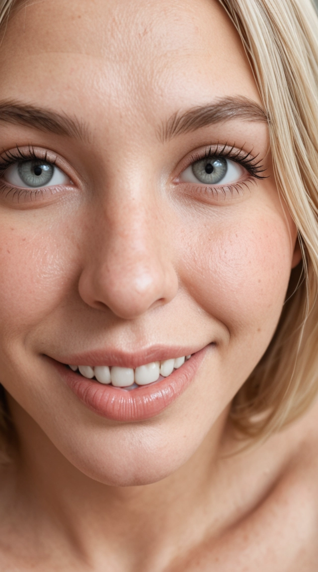 Create an image of a quite chubby and pear shaped woman.nake the woman blonde with large saggy breasts with large areolas. Make the woman smiling and looking directly at the camera