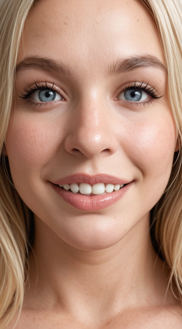 masterpiece, best quality, very aesthetic, absurdres, (intimate close-up:1.35), (subject fills the frame:1.3), 1girl, adult woman,  blonde hair, large saggy breasts with big areolas, smiling, direct gaze, full plump soft lips, slightly parted glossy lips, perfect clean white teeth, (detailed lips:1.35), (perfect teeth:1.3), ultra detailed realistic skin texture, highly detailed pores, soft natural living skin sheen, natural human anatomy, coherent body structure, natural limb separation, clearly defined arms and legs, distinct hands and feet, no overlapping or fused limbs, ultra hd, 8k, sharp focus, cinematic natural lighting In a selfie way