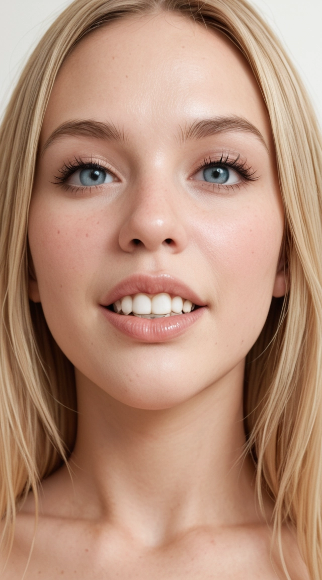 has long, straight blonde hair parted down the middle. She is posing with a playful expression ahegao face, big silicone tits, fit skinny body and a big ass