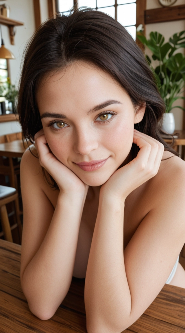 Portrait of a smiling adult woman in her 30s with long dark hair in a cozy sunlit café, soft window light, photorealistic, detailed background with wooden tables and plants