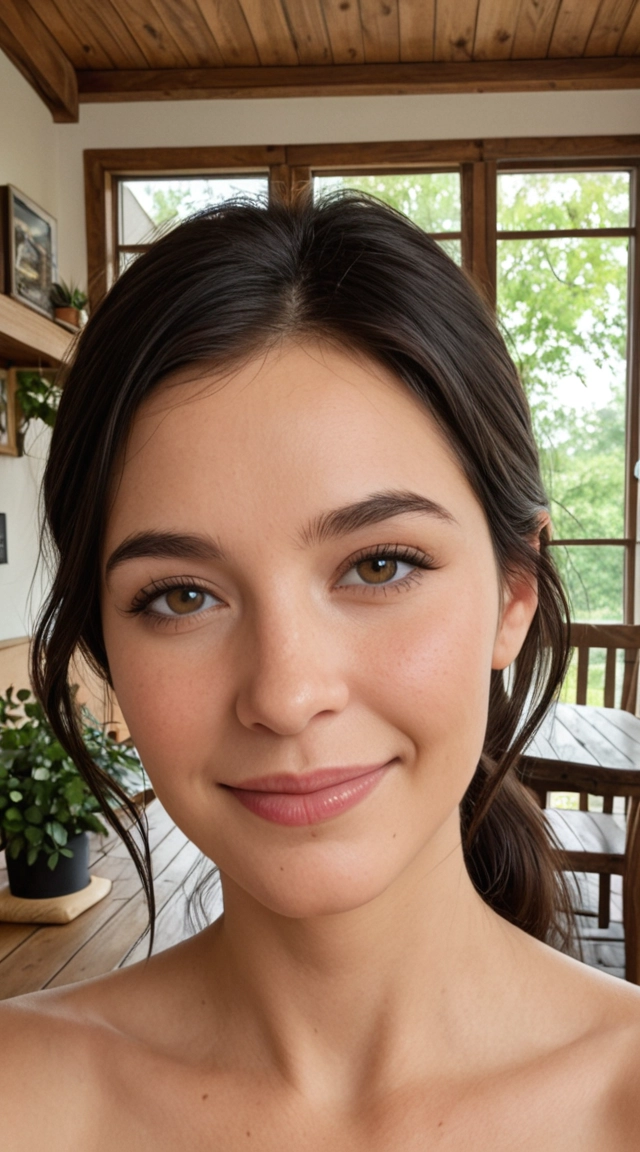 Portrait of a smiling adult woman in her 30s with long dark hair in a cozy sunlit café, soft window light, photorealistic, detailed background with wooden tables and plants