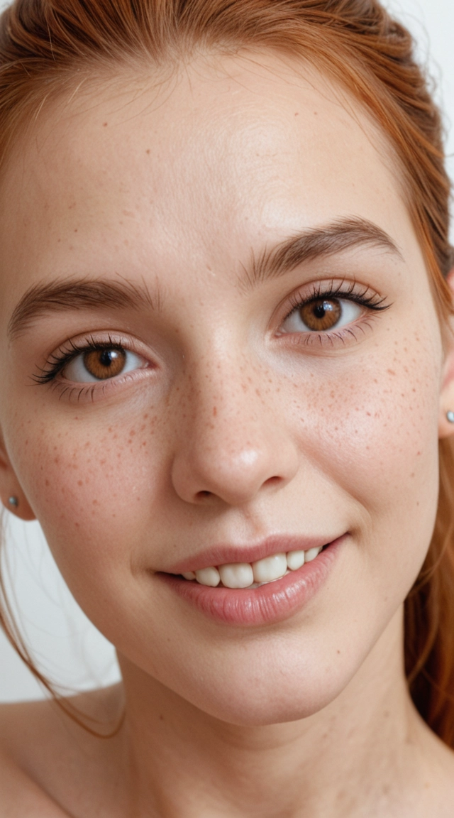 Create an ultra-realistic photograph, 8K UHD, shot on Canon EOS R5 with 85mm f/1.4 lens, shallow depth of field, professional portrait photography, cinematic color grading, RAW photo, HDR, film grain  photograph of me (use uploaded picture as a reference, keep the same face, features, age, hair and facial hair styles, keep as close to the original as possible) a slim 20 year old woman with an hourglass figure and she has a classically beautiful Round-to-oval face with soft, cheeks and a gentle taper toward a small, softly pointed chin. Fair, light-warm skin with a delicate rosy flush across the cheeks and the faintest natural texture — a scattering of very light freckles and subtle skin grain. Large, wide-set, deep brown eyes with warm amber undertones, bright catchlights near the top of the iris, softly hooded upper lids, and fine lower lashes. Thin, natural medium-brown eyebrows with a soft, gently arched shape and slightly uneven, un-groomed edges. Straight, small-to-medium nose with a soft rounded tip and a narrow bridge. Full, soft lips parted in a broad, unself-conscious grin that shows the upper row of even, slightly oversized white front teeth. Hair light-to-medium auburn-copper, fine in texture, center-to-side parted and pulled back, with a few loose wispy strands escaping to frame the temples and cheeks. Small, close-set ears with delicate lobes visible on the left. Fine, soft jawline and a slim young neck.
