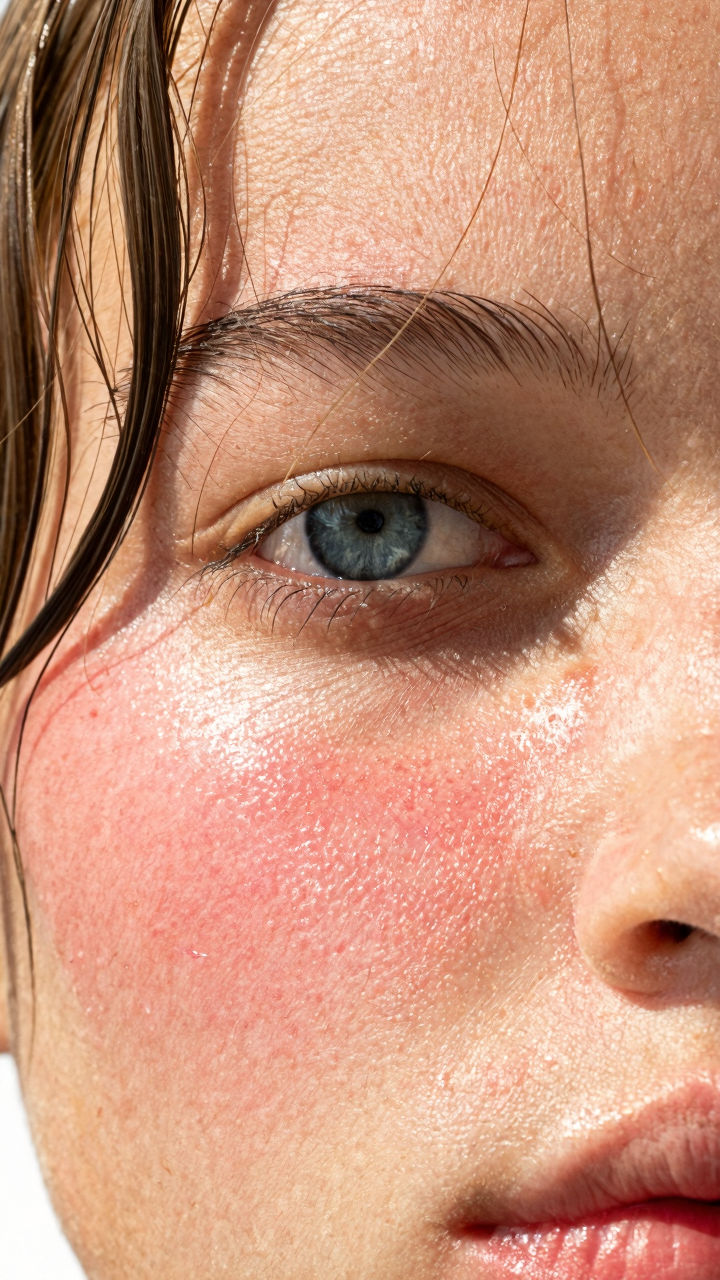 Extreme macro close-up of a young person's face, focusing on one eye and cheek, visible natural skin texture with pores, fine facial hair and soft peach fuzz catching the light, subtle redness and flushed cheek, slightly damp glowing skin, blue-gray eye in sharp focus, relaxed neutral expression, stray wet hair strands falling across forehead and temple, cinematic natural daylight coming from the side, high detail realism, ultra-sharp 100mm macro lens look, shallow depth of field with soft falloff, editorial skincare photography, no heavy retouching, authentic imperfect skin, warm color grading with soft highlights and gentle contrast, minimal background blown out to white, intimate raw beauty aesthetic, hyper-realistic texture detail.