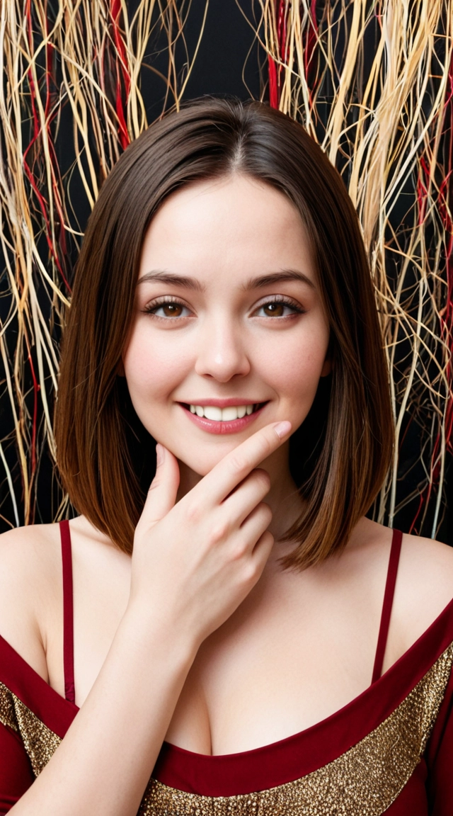 Create a polished 2D cartoon illustration of a mischievous, heavyset adult woman with a large rounded face, warm peach-colored skin, broad shoulders, and a full, softly rounded figure. She has straight medium-brown hair cut to shoulder length, a rounded hair shape, blunt ends, and long uneven bangs hanging across her forehead and partially covering her eyes.

Give her an oversized rounded nose, asymmetrical half-lidded eyes, tiny sideways-looking pupils, rounded cheeks, small ears, and a wide crooked grin showing several large simplified white teeth. Her expression should look clever, smug, playful, and slightly suspicious—as though she has just invented a troublesome plan.

Dress her in a plain bright-red short-sleeved shirt with a wide curved neckline. Add subtle dark-red shadows and simple fabric folds around the neckline, sleeves, chest, and waist.

Pose her facing the viewer in a three-quarter frontal composition. One hand is curled beneath her chin in an exaggerated thinking pose, while her other arm extends outward beyond the right edge of the frame. Keep the body language relaxed, self-assured, and conspiratorial.

Use thick, slightly irregular black outlines, flat saturated colors, simplified anatomy, exaggerated facial proportions, sparse cel shading, and expressive hand-drawn linework. Preserve a playful independent-animation aesthetic with a slightly rough digital-doodle finish.

Place her against an abstract interior background made of broad horizontal bands of dark burgundy, forest green, black, brown, muted gold, and earthy tan. Add loose curling tan streamers or ribbon-like shapes floating through the foreground and background. Warm subdued lighting, strong silhouette, centered upper-body portrait, vertical composition, clean readable character design, high visual consistency.