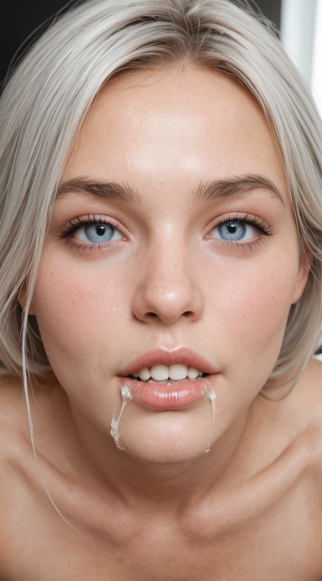 An egirl doing an ahegao face with ruined mascara and cum on her face while arching her back showing her ass in a doggy position. She is skinny and has silver colored hair with blue eyes, her face is cute and slutty eith egirl makeup.