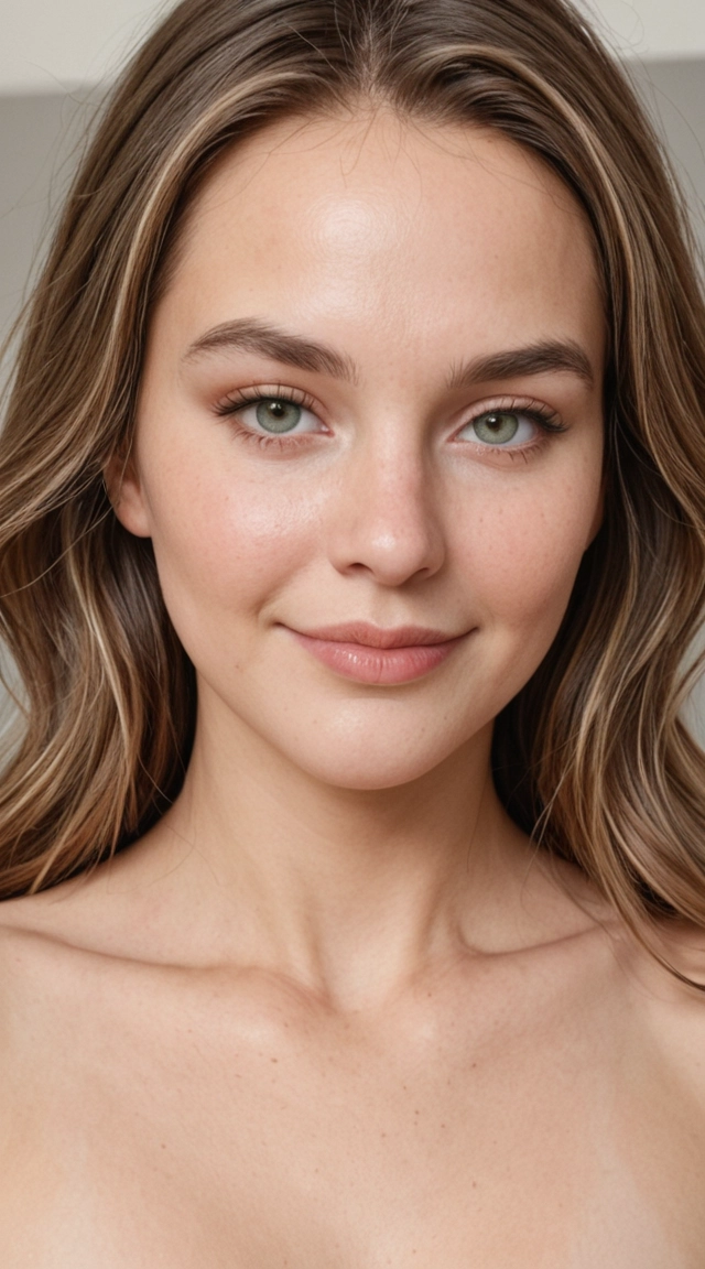 Adult woman, 18 years old, slim-to-average naturally curvy build, softly oval face, gently tapered jawline, rounded chin, warm light peach complexion, medium-sized almond-shaped blue-gray/green eyes, natural medium-thickness softly arched eyebrows, straight narrow nose with softly rounded tip, medium-full lips with defined cupid’s bow and slightly fuller lower lip, subtle closed-mouth smile, softly rounded cheeks, natural skin texture, warm golden undertones. Very long, thick chestnut/light brown hair with golden highlights, center/slightly off-center part, voluminous loose waves cascading past the chest toward the waist, soft strands framing the face. Narrow-to-medium shoulders, slender arms, defined natural waist, gently flat abdomen, moderately wider hips, long slender legs with naturally rounded thighs and tapered calves, slender hands and fingers. Relaxed confident expression, natural makeup, realistic facial proportions, photorealistic skin texture, realistic anatomy, natural body proportions.