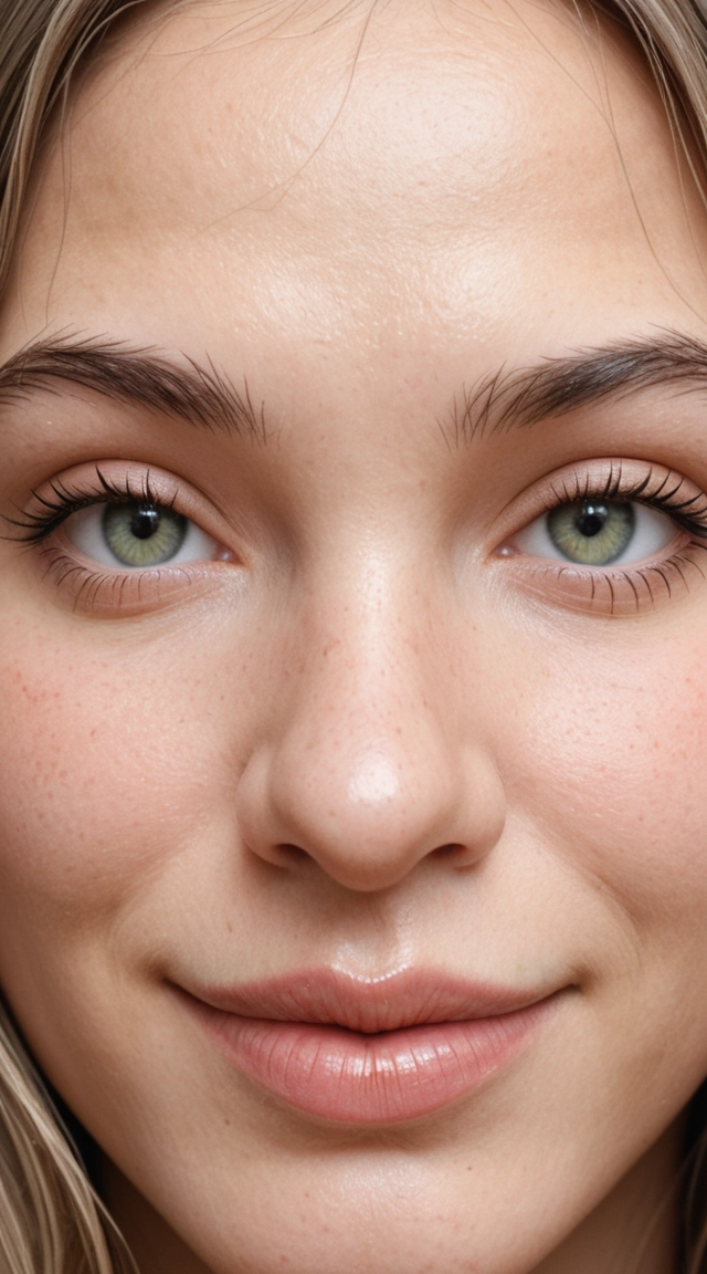 Adult woman, 18 years old, slim-to-average naturally curvy build, softly oval face, gently tapered jawline, rounded chin, warm light peach complexion, medium-sized almond-shaped blue-gray/green eyes, natural medium-thickness softly arched eyebrows, straight narrow nose with softly rounded tip, medium-full lips with defined cupid’s bow and slightly fuller lower lip, subtle closed-mouth smile, softly rounded cheeks, natural skin texture, warm golden undertones. Very long, thick chestnut/light brown hair with golden highlights, center/slightly off-center part, voluminous loose waves cascading past the chest toward the waist, soft strands framing the face. Narrow-to-medium shoulders, slender arms, defined natural waist, gently flat abdomen, moderately wider hips, long slender legs with naturally rounded thighs and tapered calves, slender hands and fingers. Relaxed confident expression, natural makeup, realistic facial proportions, photorealistic skin texture, realistic anatomy, natural body proportions.