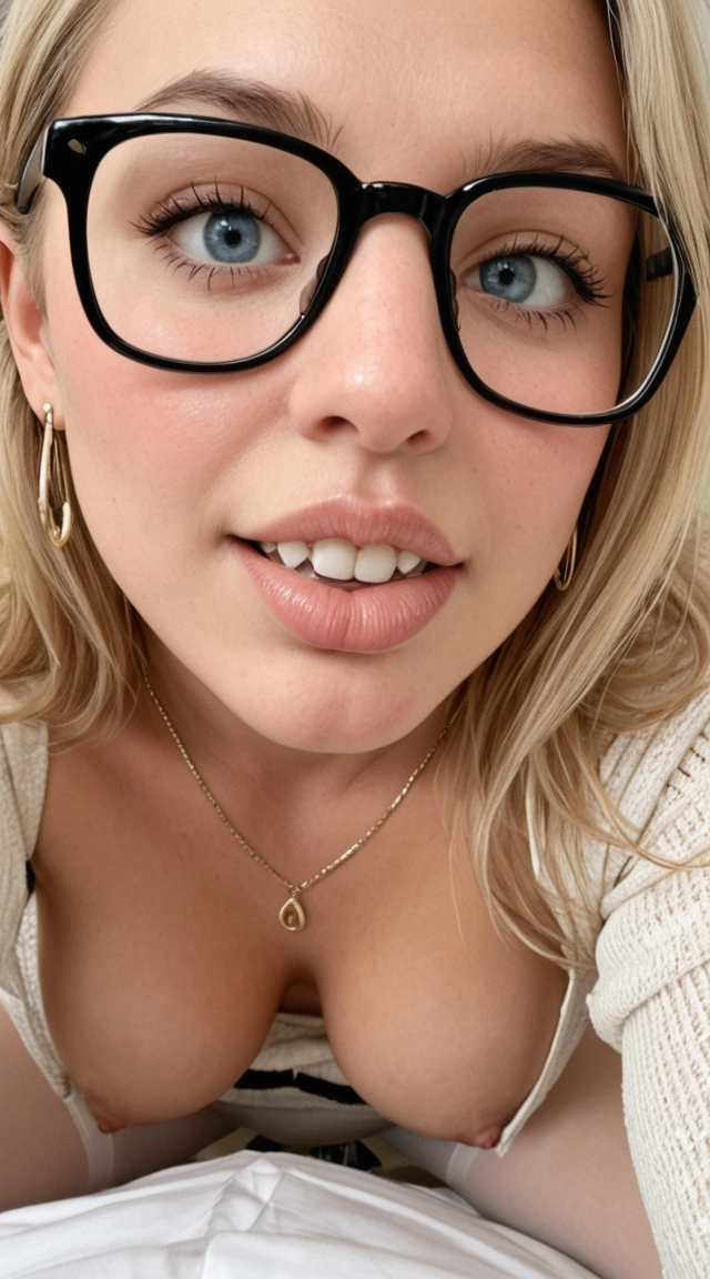 Older Mature woman, blonde hair, earrings, necklace , glasses, huge natural tits, curvy, thick, on her knees, knees apart, big glasses, tongue all the way out, happy, surprised, thigh highs, mouth open, looking straight at viewer, view from above, intense, crazy, wild, extreme, real, natural light, photorealism 1:4, detailed