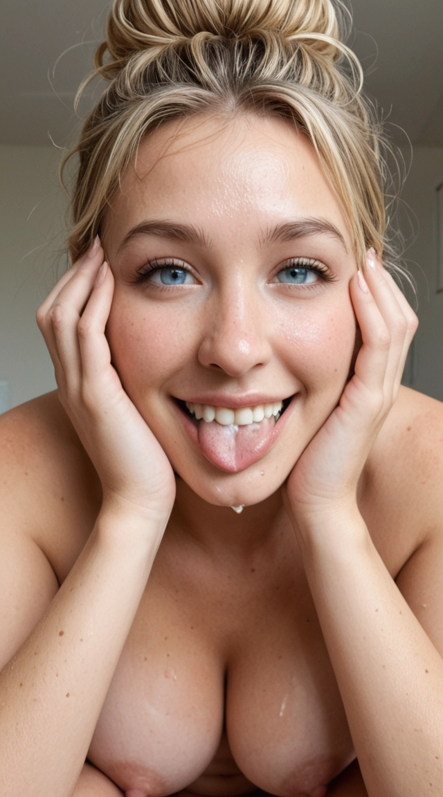 Cumload on women face, tongue out and smiling. On knees with no clothes on. Tit size medium. Hair style: messy bun. Hair color: blonde. Eye color: blue