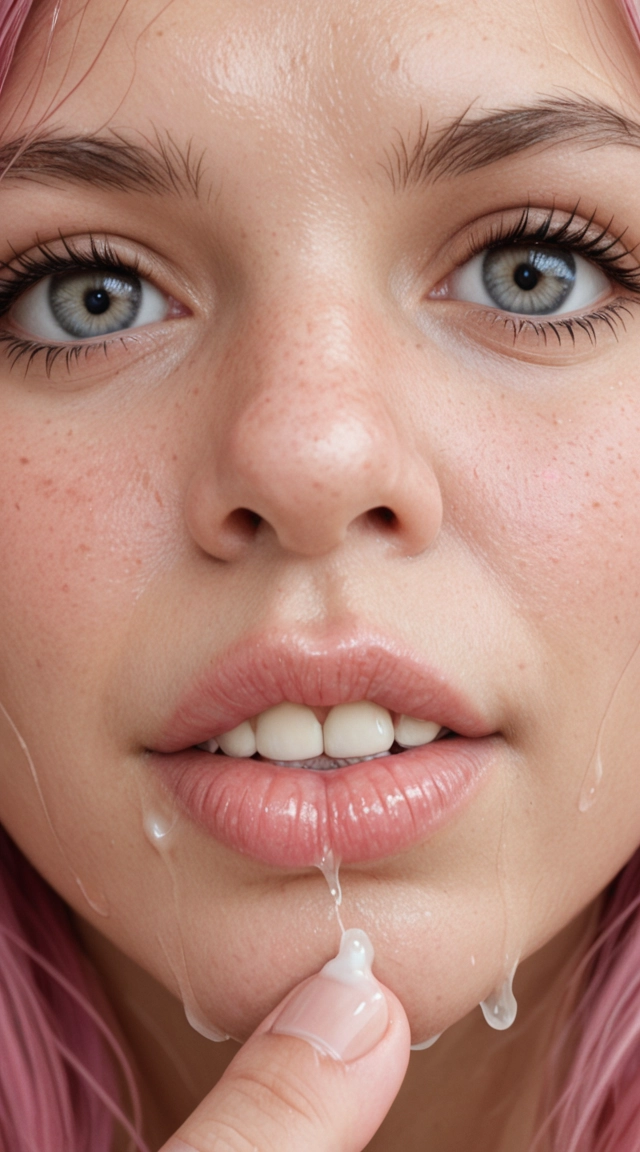 A white woman with pink pigtails completely nude sucking on her own toes and cum all over her body with tears, snot coming out of her face and drule running down her feet