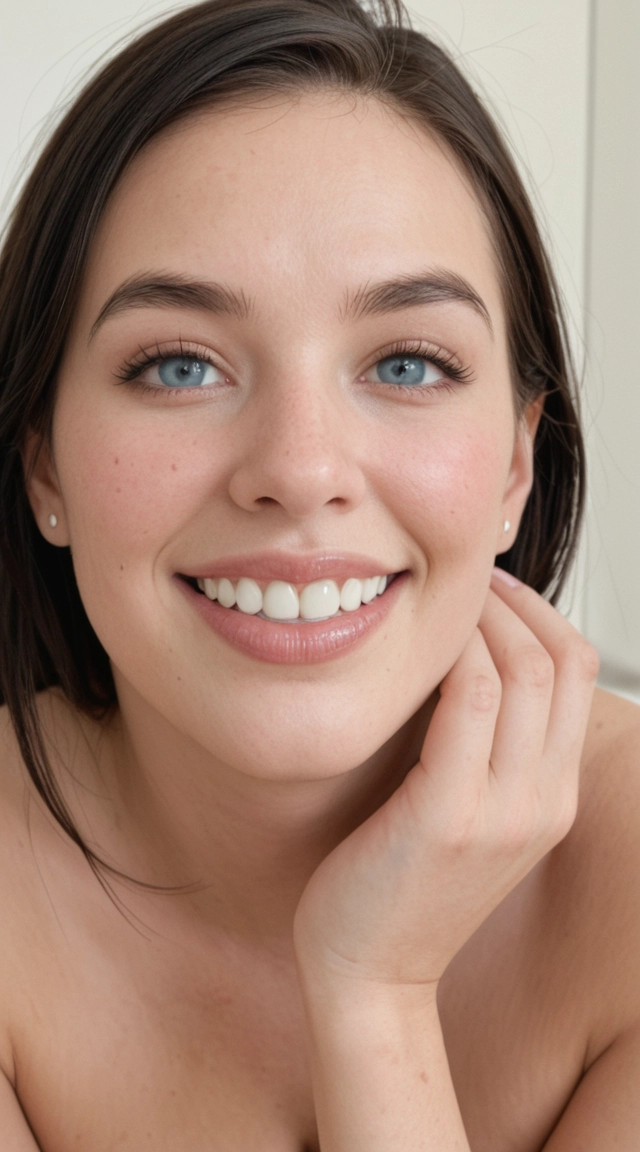 Beautiful 18 year old woman, black pink hair, slim body, super big breasts, sweet smile, big vagina hole, naked, white skin, blue eyes, very beautiful face