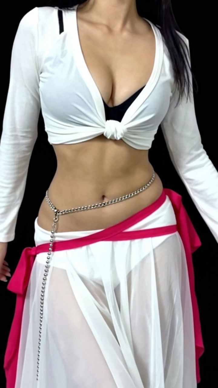 The woman wears a white crop top made of soft, slightly stretchy fabric resembling a modified t-shirt or wrap-style blouse; it is knotted or twisted tightly at the front center, creating a plunging neckline that reveals significant cleavage and the black strap or edge of an undergarment, while the hem is pulled high to fully expose the entire midriff, ribcage, and upper abdomen. Her lower garment is a flowing, semi-sheer white skirt (possibly a wrap or lehenga-inspired piece) featuring bold pink/red horizontal bands or ribbon accents near the waist and along the sides, with visible pleats or gathers that create volume and movement; a decorative silver beaded or ball-chain element dangles from the skirt's waistband on the left side. Completing the look is a prominent thin silver metal waist chain (ball-chain style) wrapped multiple times or layered around her mid-waist, accentuating her figure

For the second prompt I put "Depict her in a belly dancing pose."